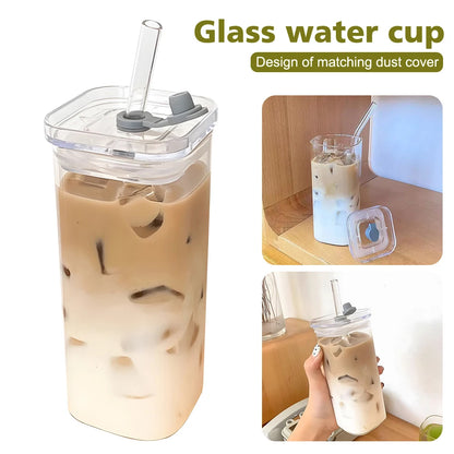 2Pcs Transparent Square Glass Cup with Lid and Straw Creative Hot and Cold Drink Glass Cup - Rehmiar