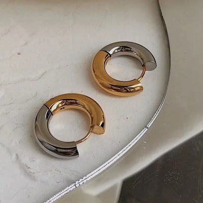 Gold Plated Double Colour Huggie Earrings – Stainless Steel Silver & Gold Hoops for Women, Punk Jewellery Ring Earrings - Rehmiar