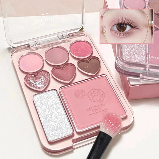 8-color Pearl Glitter Matte Peach Pink Blusher Highlight Eye Shadow All-in-one Plate Korean Makeup Pink Orange Eyeshadow