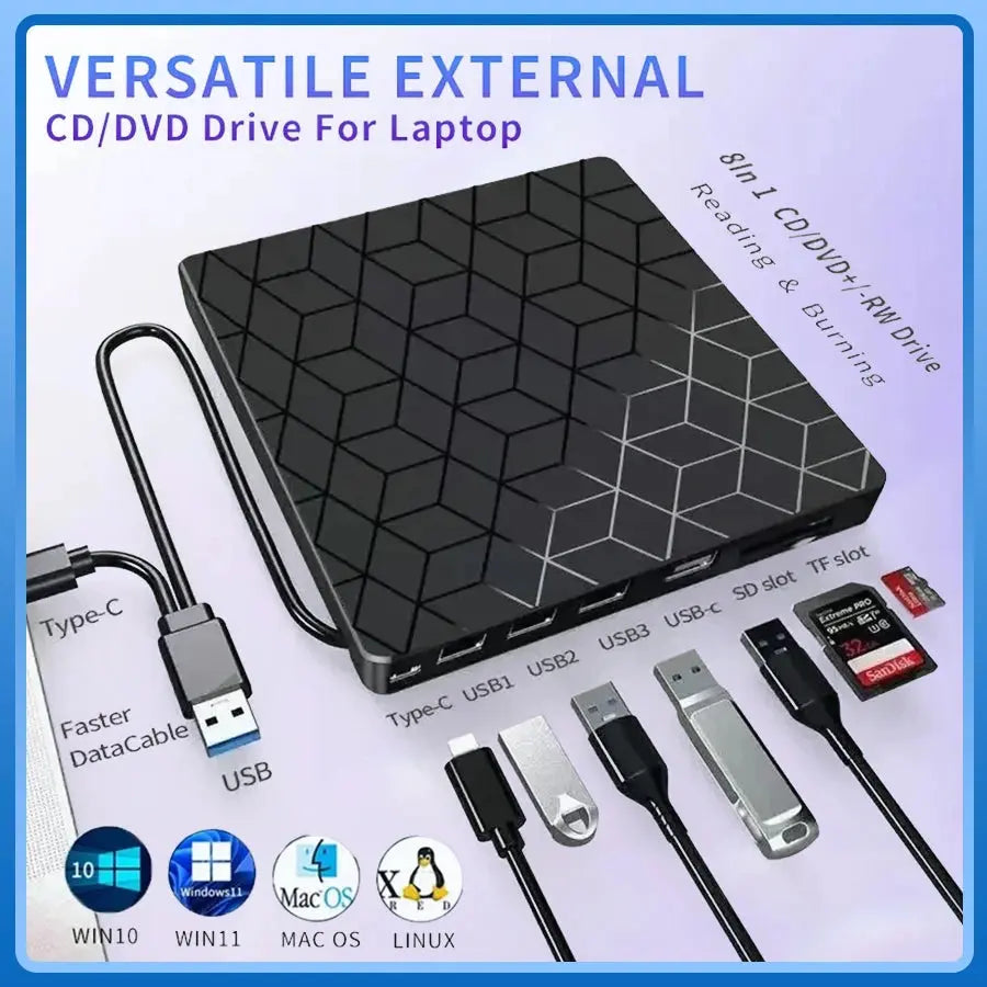 7-in-1 External DVD Drive USB 3.0 Type-C CD DVD Burner Writer Reader for Laptop PC - Rehmiar