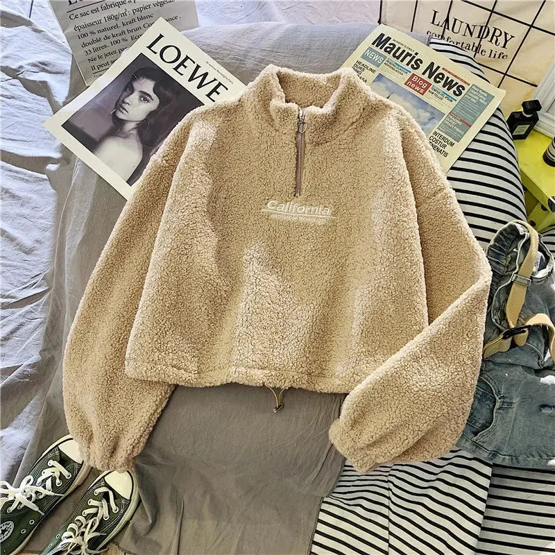 Women Stand Neck Fleece Cropped Autumn Hoodies Letter Embroidery Long Sleeve Drawstring Sweatshirt Elegant Plush Velvet Tops - Rehmiar