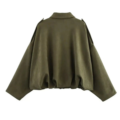 Women's Suede Bomber Jacket – Long Sleeve Zipper Oversize Solid Coat, Chic Streetwear - Rehmiar