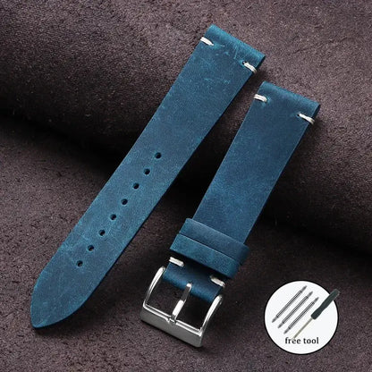 Cowhide Strap for Seiko, Omega 18mm 20mm 21mm 22mm Vintage Oil Wax Leather Handmade Stitching Wristbands - Rehmiar