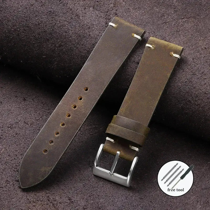 Cowhide Strap for Seiko, Omega 18mm 20mm 21mm 22mm Vintage Oil Wax Leather Handmade Stitching Wristbands - Rehmiar