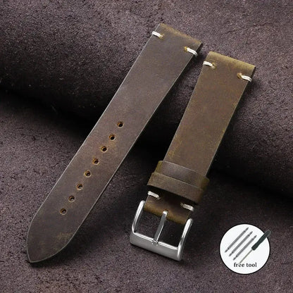 Cowhide Strap for Seiko, Omega 18mm 20mm 21mm 22mm Vintage Oil Wax Leather Handmade Stitching Wristbands - Rehmiar