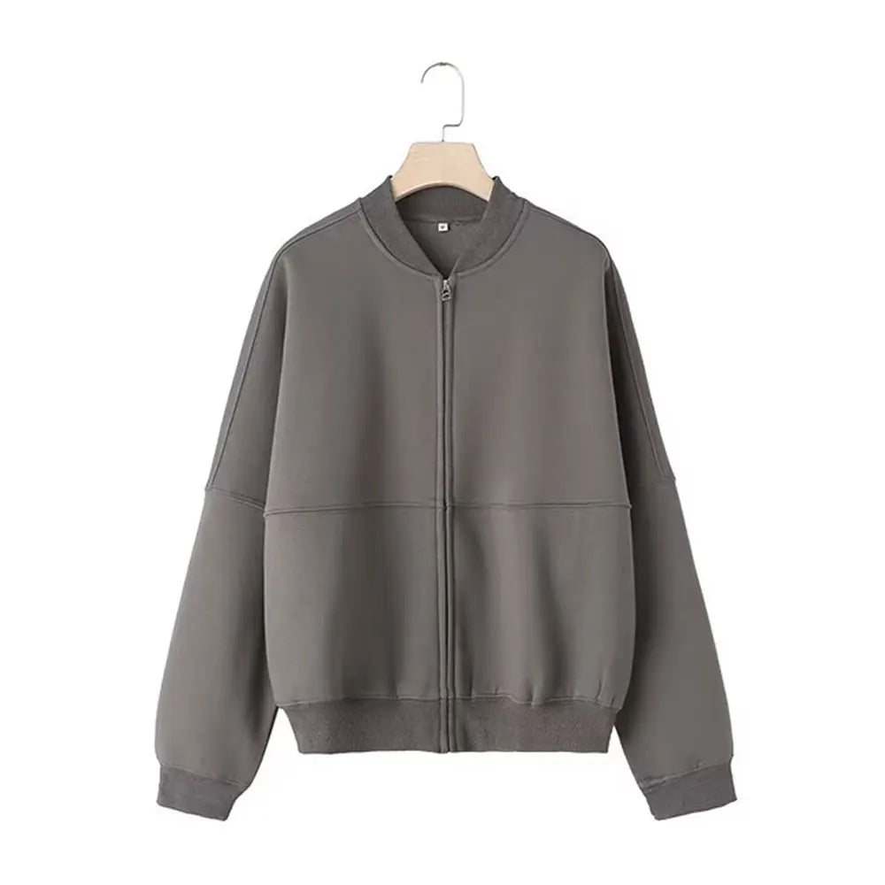 Women's 2-piece Retro Solid Colour Zipper Bomber Jacket Sweatshirt + High-waisted Loose Velvet Pants - Rehmiar