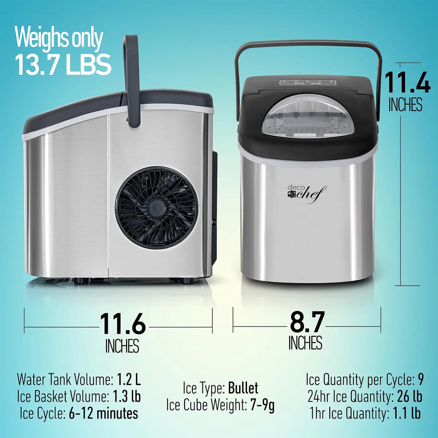Compact Countertop Ice Maker – 26Lbs/24Hrs, 9 Bullet Ice Cubes in 6 Mins, Portable with Handle & Scoop, Stainless Steel