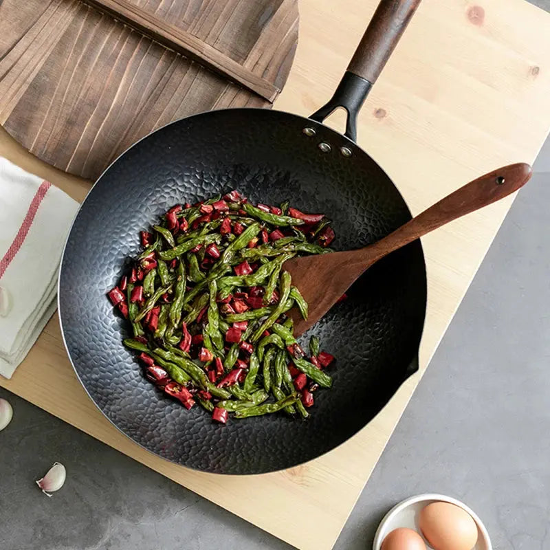 32cm Carbon Steel Wok Pan – Non-Stick Flat Bottom Stir Fry Wok with Wooden Lid for Electric Induction and Gas Stove - Rehmiar