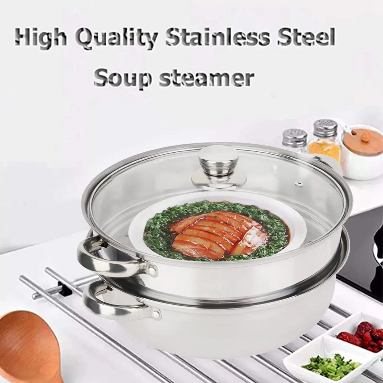 Stainless Steel 2-Layer Steamer Pot – 27cm/11in Double Boiler for Soup & Steaming, Kitchen Cookware - Rehmiar
