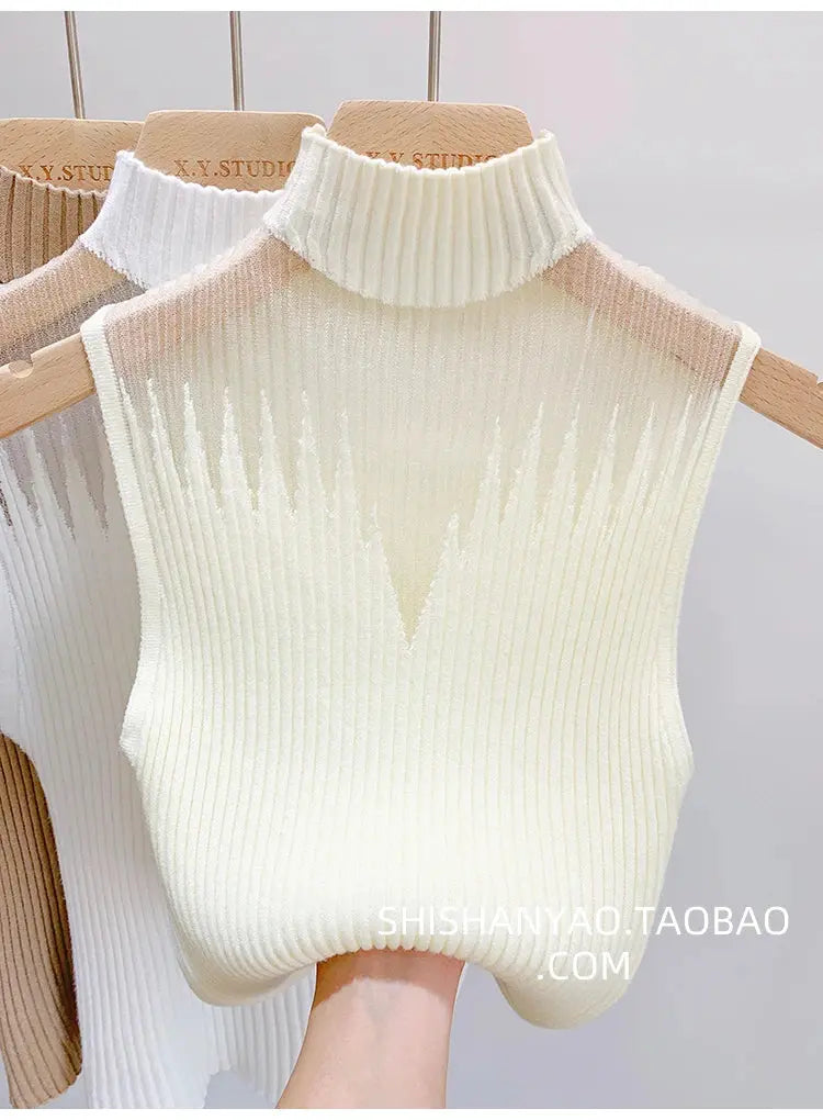 Mesh Knitted Tank Top Women – Y2K Half Neck Sleeveless Vest, Cut Out Streetwear, Solid Skinny Tube Top