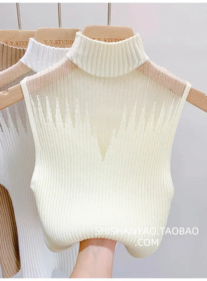 Mesh Knitted Tank Top Women – Y2K Half Neck Sleeveless Vest, Cut Out Streetwear, Solid Skinny Tube Top