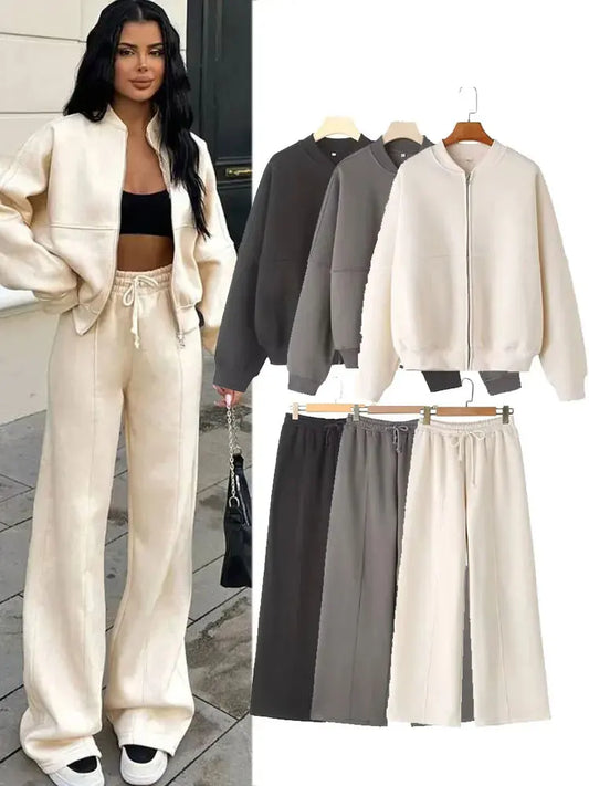 Women's Fall 2-Piece Set – Retro Solid Colour Zip Bomber Jacket Sweatshirt & High Waist Lace Up Wide Leg Pants Streetwear