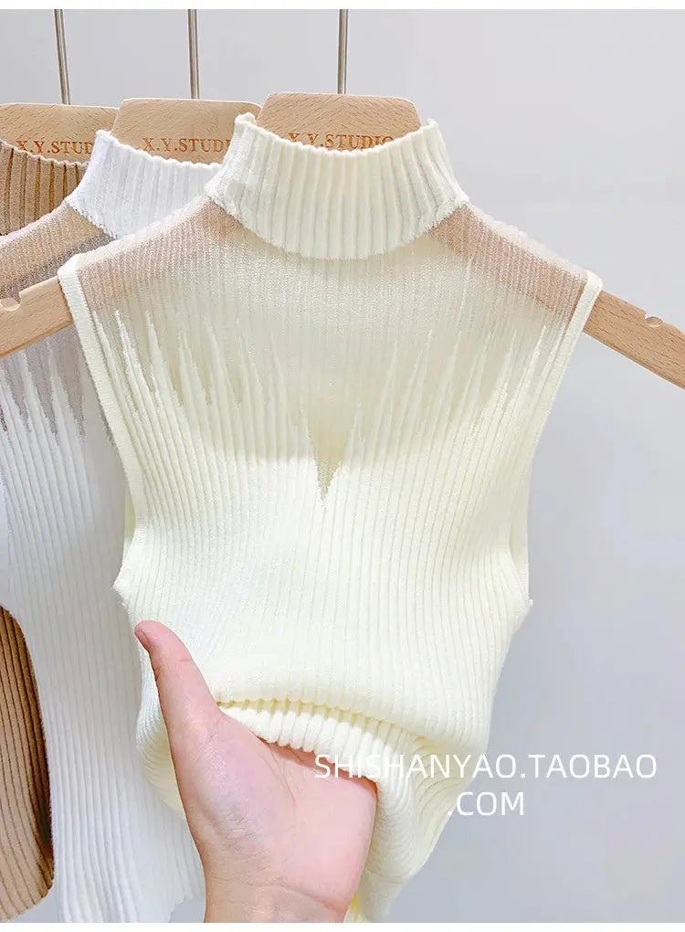Mesh Knitted Tank Top Women – Y2K Half Neck Sleeveless Vest, Cut Out Streetwear, Solid Skinny Tube Top