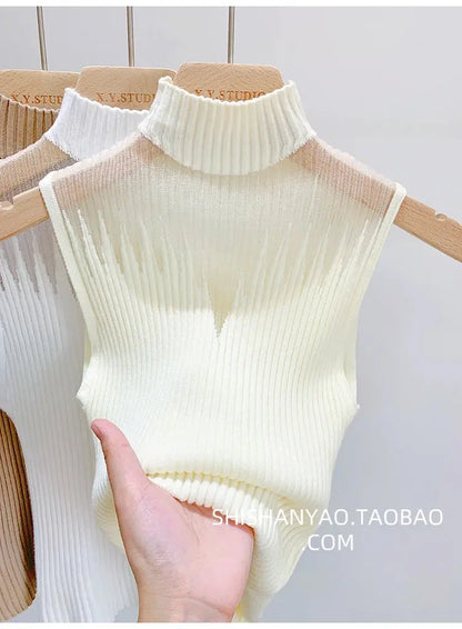 Mesh Knitted Tank Top Women – Y2K Half Neck Sleeveless Vest, Cut Out Streetwear, Solid Skinny Tube Top