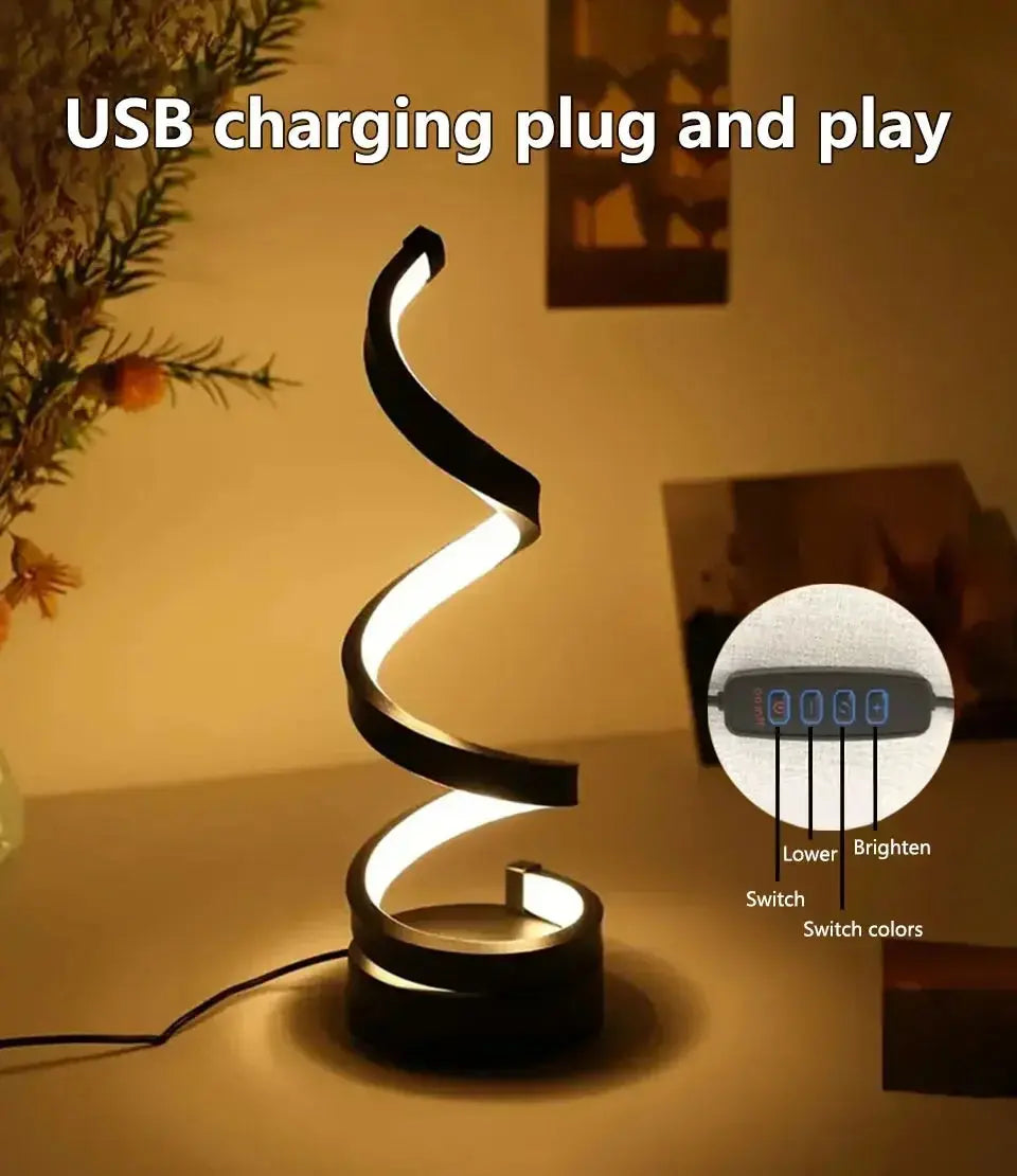 Creative Spiral LED Night Light – Dimmable 3-Color Table Lamp for Living Room, Office, Bedroom & Bedside Decor, USB Plug-In - Rehmiar