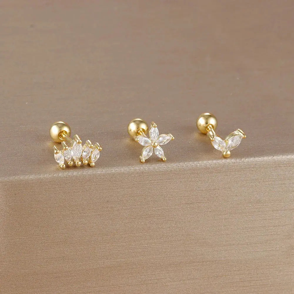 3PCS Stainless Steel Gold Colour Crown Stud Earring Set for Women 14K Gold Plated Crystal Zircon Unique Horse Eye Earring Jewellery