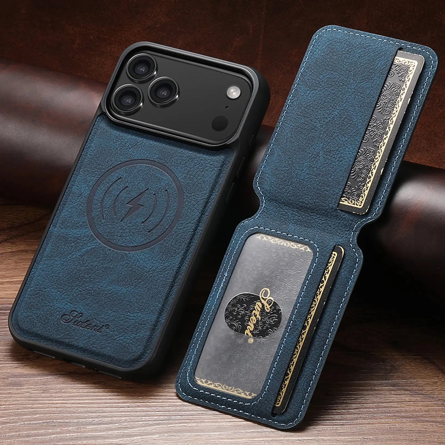 SUTENI Wireless Charging Phone Case Magnet Card Holder Stand Faux Leather For iPhone 17 Pro Max 16 Plus 15 14 13 12 - Rehmiar