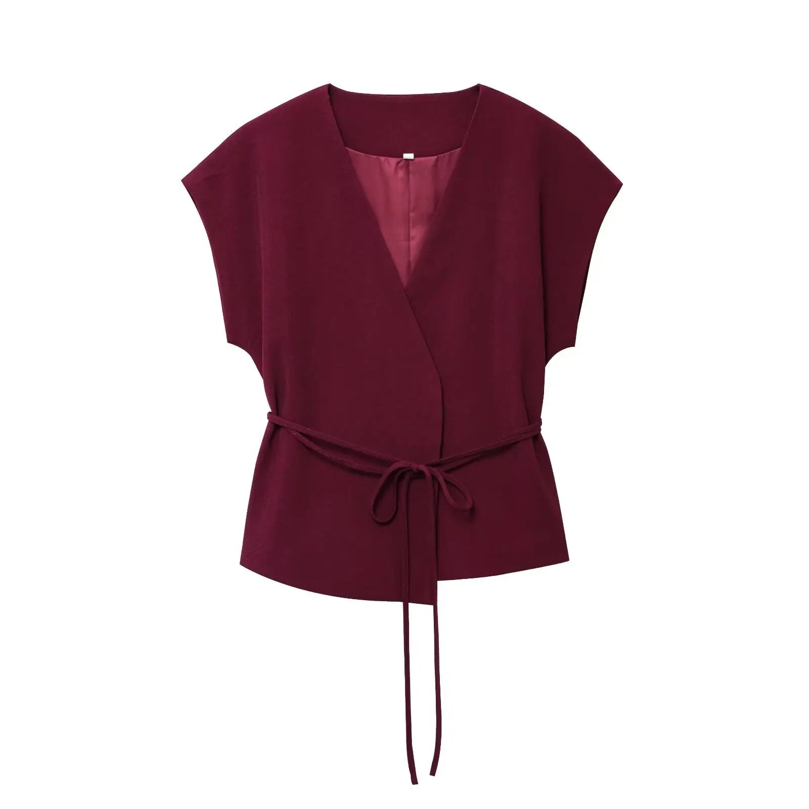 Women's Trouser Suits Sleeveless V-Neck Top with Belt Straight Pants Sets - Rehmiar