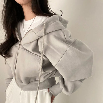 Casual Hood Sweatshirt Women Zip Up Hoodies Solid Long Sleeve Shirt Oversized Crop Top