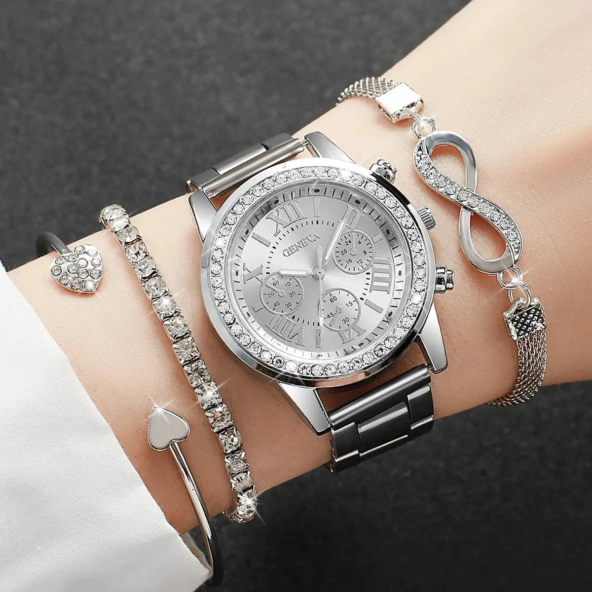 4PCS Set Rhinestone Luxury Steel Band Ladies Quartz Women Watches with Bracelets Set - Rehmiar