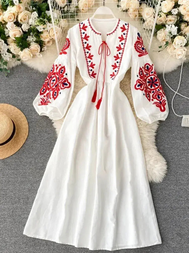Women’s Bohemian Embroidered Autumn Dress – O-Neck Lantern Sleeves, High-Waist Pleated Design - Rehmiar