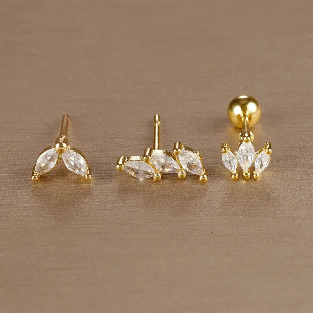 3PCS Stainless Steel Gold Colour Crown Stud Earring Set for Women 14K Gold Plated Crystal Zircon Unique Horse Eye Earring Jewellery