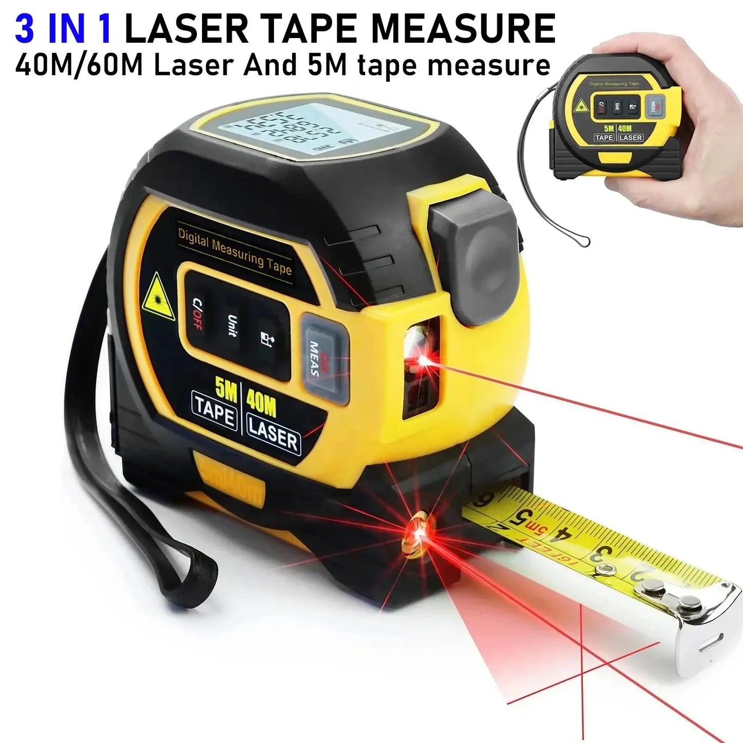 3-in-1 Laser Tape Measure – 60M Laser Rangefinder with 5M Tape & LCD Digital Display - Rehmiar