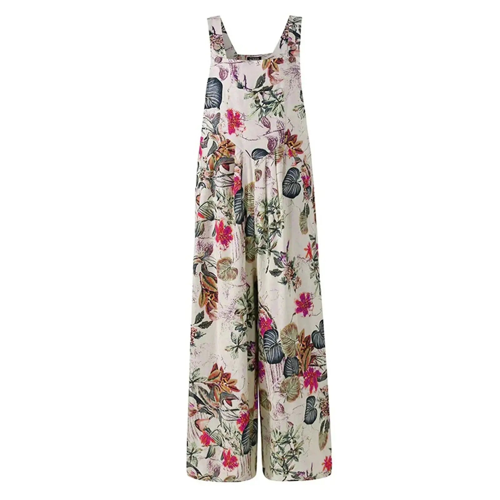 Combhasaki Women’s Cotton Linen Floral Jumpsuit – Square Neck Sleeveless Loose Fit Overalls with Pockets (S–3XL) - Rehmiar