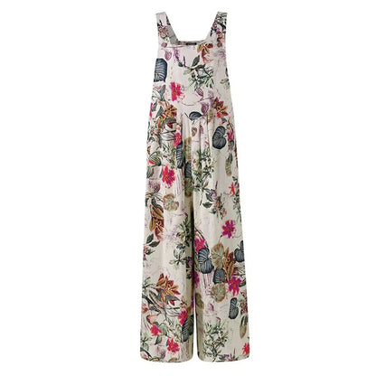 Combhasaki Women’s Cotton Linen Floral Jumpsuit – Square Neck Sleeveless Loose Fit Overalls with Pockets (S–3XL) - Rehmiar