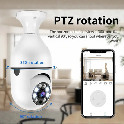 White PTZ camera with smartphone app interface on a living room background