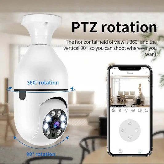 White PTZ camera with smartphone app interface on a living room background