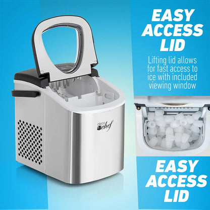 Compact Countertop Ice Maker – 26Lbs/24Hrs, 9 Bullet Ice Cubes in 6 Mins, Portable with Handle & Scoop, Stainless Steel