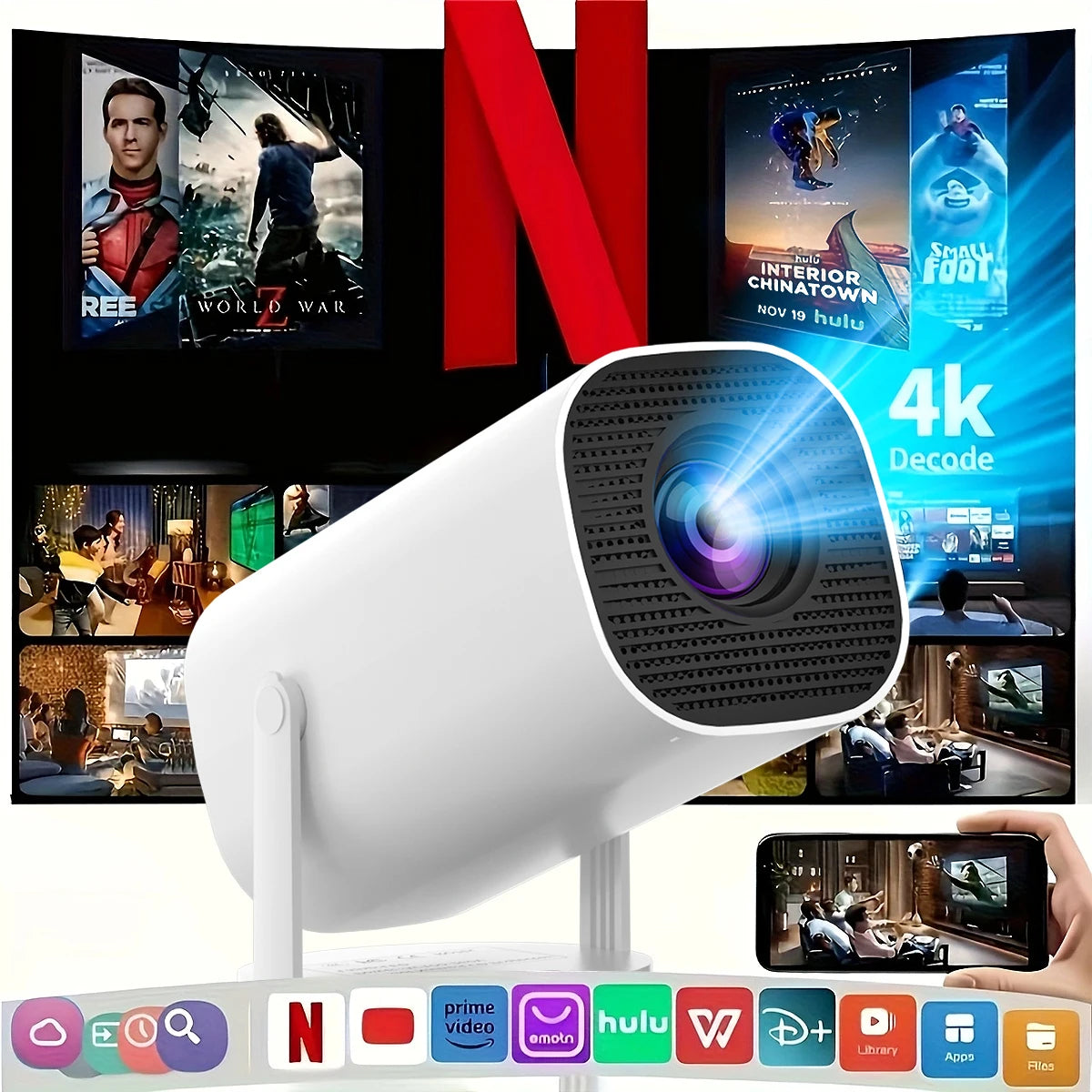 Portable Smart Projector with Wi-Fi 6 & Bluetooth 5.0 – Native 720P Supports 4K, Adjustable Screen, 180° Rotation