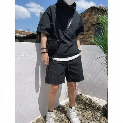 Summer Cargo Style Set Men's Casual Hooded Solid Short Sleeve - Rehmiar