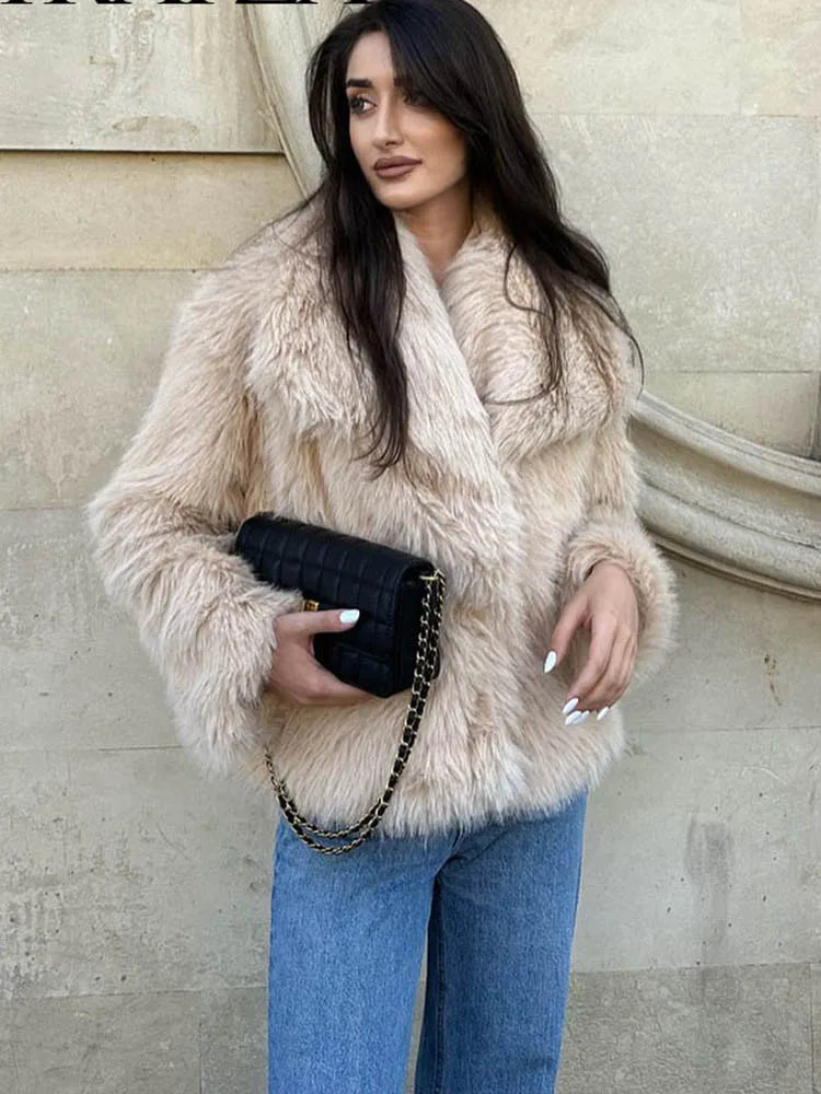Women Cropped Faux Fur Jacket Coat Long Sleeve Front Snap-button Collar Thick Coat Outerwear