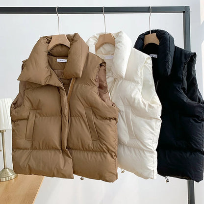Women's Winter Short Sleeveless Vest Warm Stand Collar Zipper Jacket Casual Quilted Cropped Coats