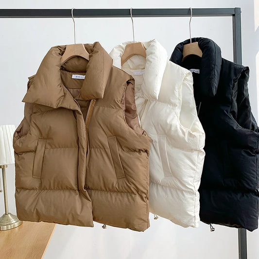 Women's Winter Short Sleeveless Vest Warm Stand Collar Zipper Jacket Casual Quilted Cropped Coats