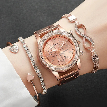 4PCS Set Rhinestone Luxury Steel Band Ladies Quartz Women Watches with Bracelets Set - Rehmiar