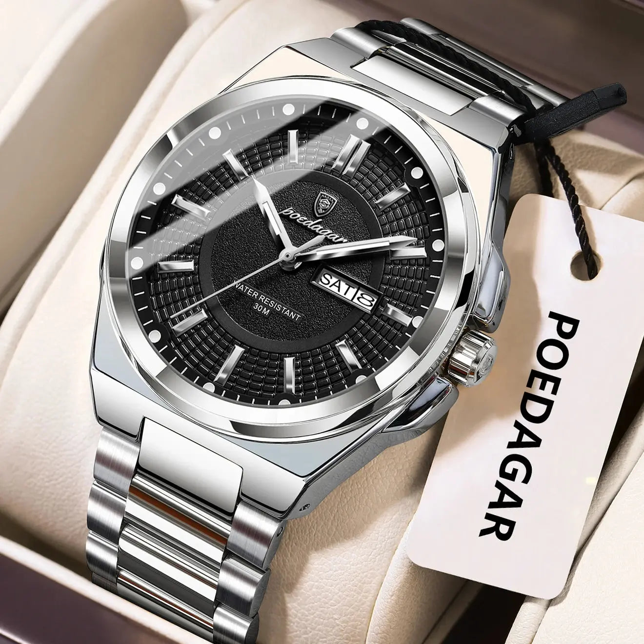 POEDAGAR Men’s Luxury Quartz Watch – Waterproof Stainless Steel with Day & Date - Rehmiar