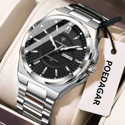 POEDAGAR Men’s Luxury Quartz Watch – Waterproof Stainless Steel with Day & Date - Rehmiar