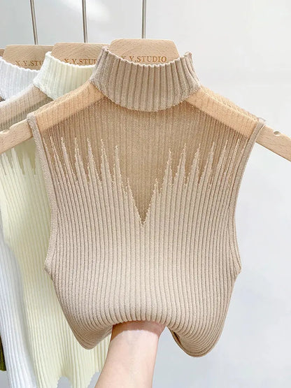 Mesh Knitted Tank Top Women – Y2K Half Neck Sleeveless Vest, Cut Out Streetwear, Solid Skinny Tube Top
