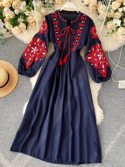Women’s Bohemian Embroidered Autumn Dress – O-Neck Lantern Sleeves, High-Waist Pleated Design - Rehmiar
