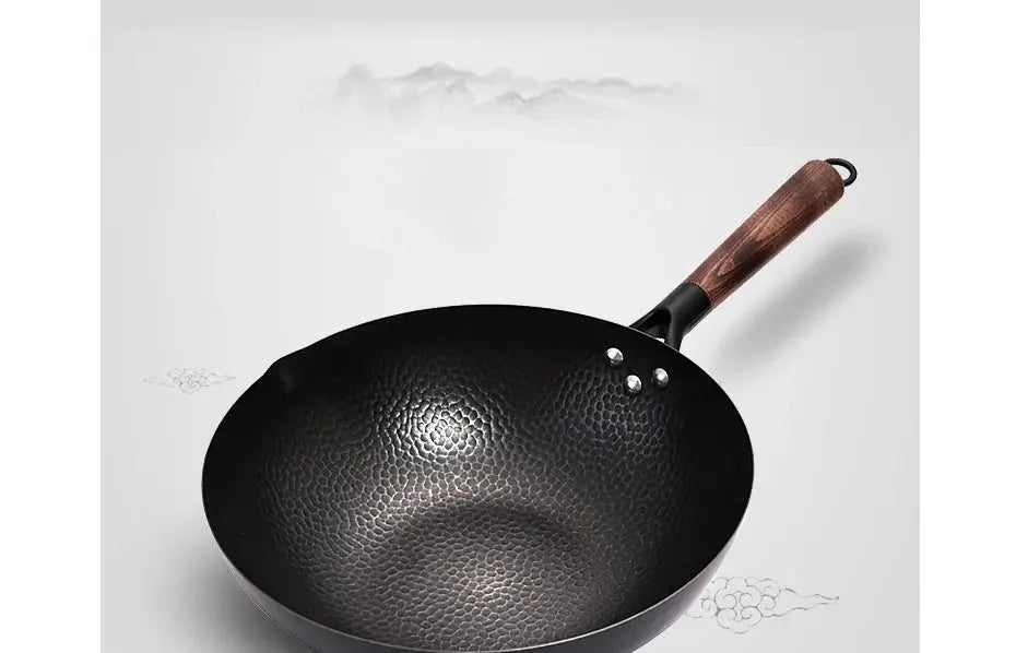 32cm Carbon Steel Wok Pan – Non-Stick Flat Bottom Stir Fry Wok with Wooden Lid for Electric Induction and Gas Stove - Rehmiar