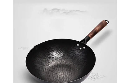 32cm Carbon Steel Wok Pan – Non-Stick Flat Bottom Stir Fry Wok with Wooden Lid for Electric Induction and Gas Stove - Rehmiar