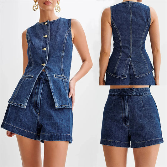 Summer Women's Denim Shorts Suit Sleeveless O-neck Modern Fit Vest High Waist Wide Leg Shorts