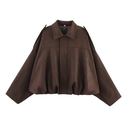 Women's Suede Bomber Jacket – Long Sleeve Zipper Oversize Solid Coat, Chic Streetwear - Rehmiar