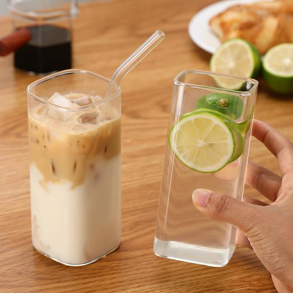 2Pcs Transparent Square Glass Cup with Lid and Straw Creative Hot and Cold Drink Glass Cup