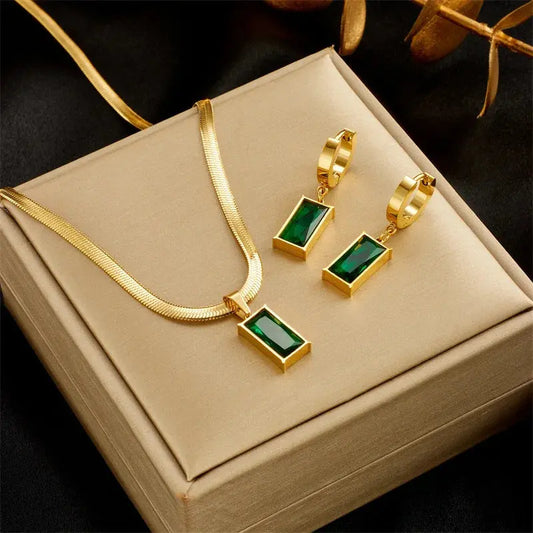 AKOL 316L Stainless Steel Rectangle Green Crystal Zircon Pendant Necklace Earrings for Women Fashion