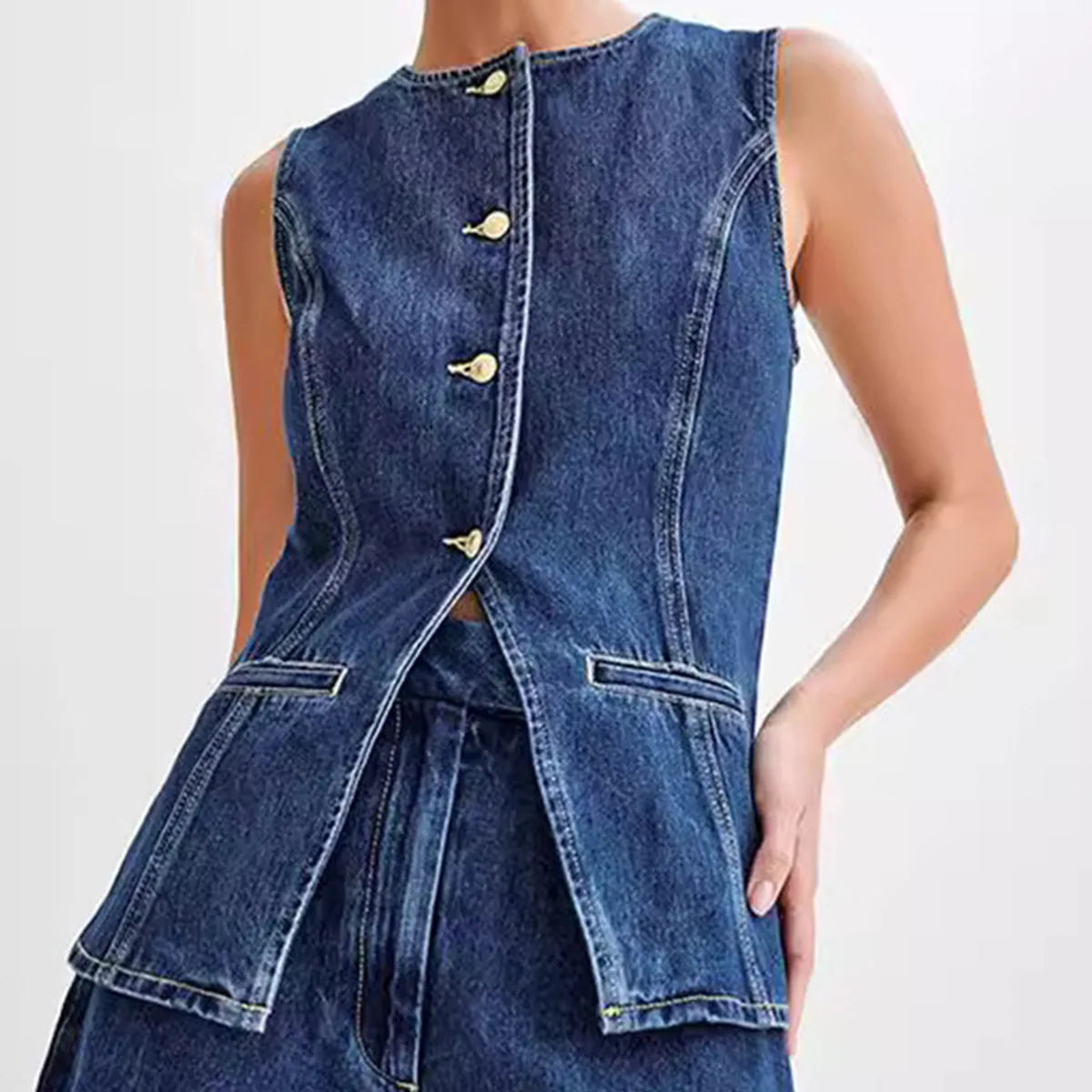 Summer Women's Denim Shorts Suit Sleeveless O-neck Modern Fit Vest High Waist Wide Leg Shorts