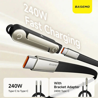 240W 2-in-1 Fast Charging Cable with Foldable Bracket – Type-C to Type-C Data Wire & Phone/Tablet Stand (Black/Orange) Rehmiar